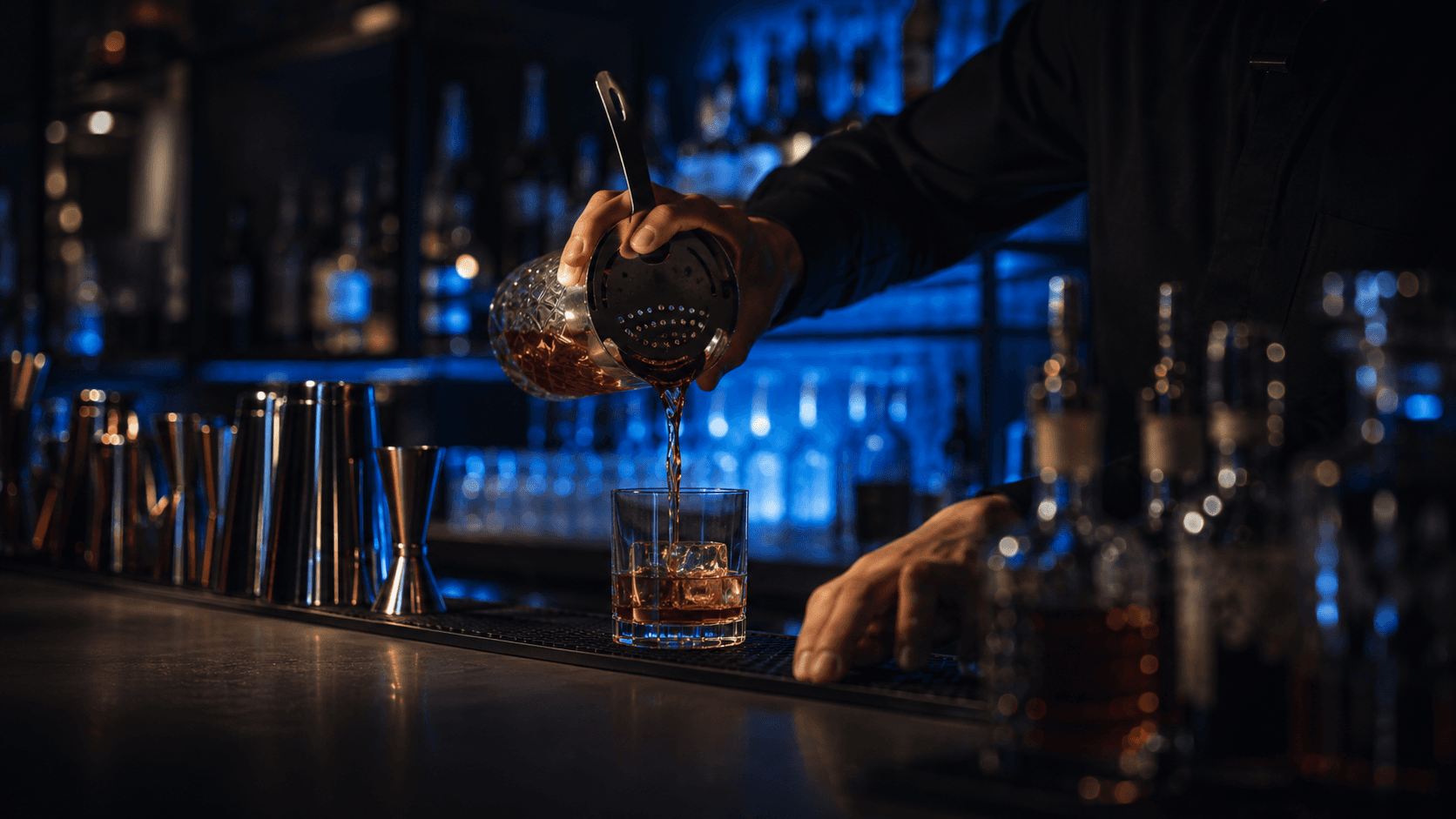 Bartender pouring a cocktail at a bar backlit with electric-blue light
