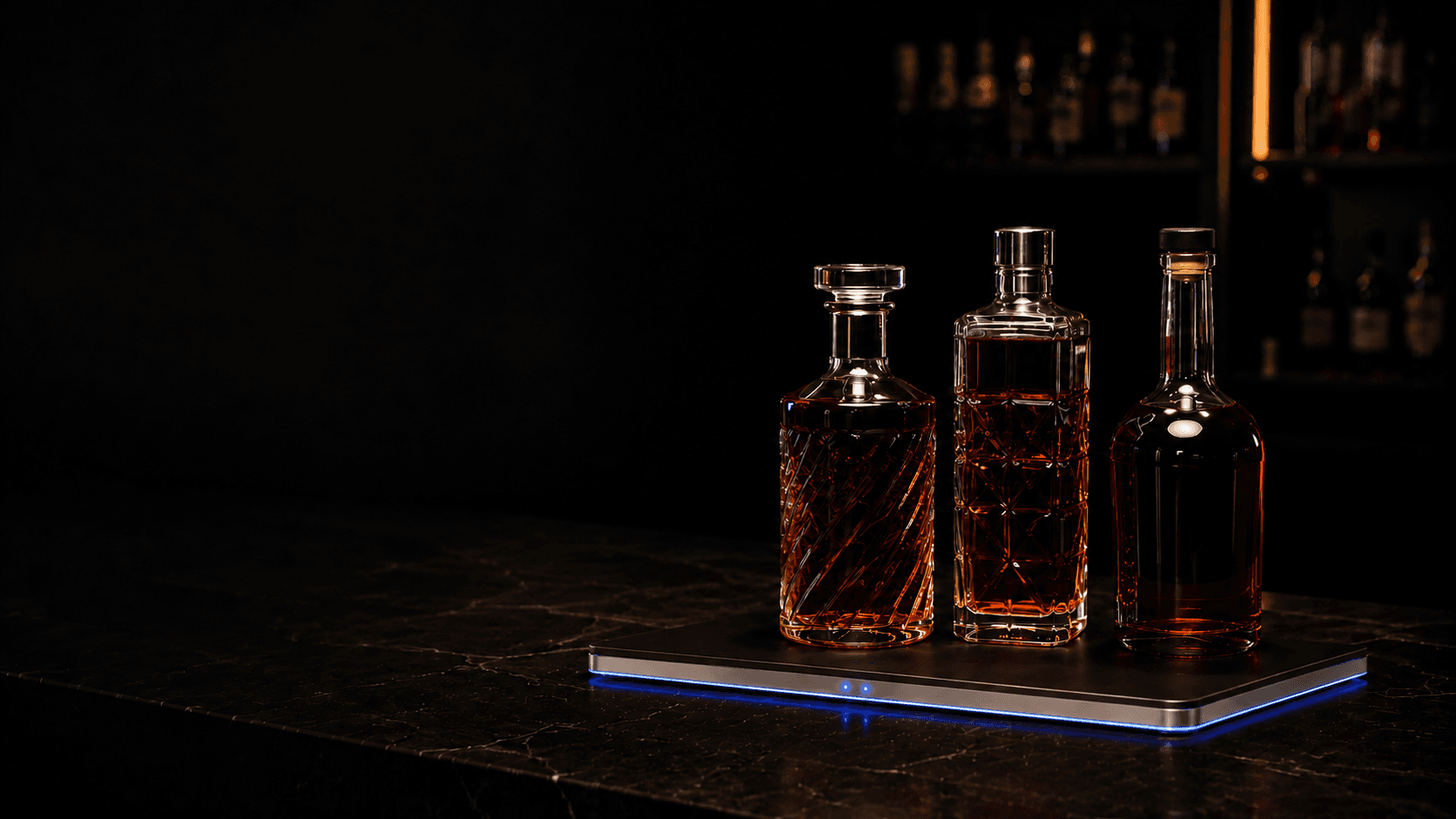 Premium liquor bottles on the Klynkz sensing mat, glowing blue at the edge, on a bar counter